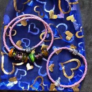 Pandora Leather Bracelet & Necklace Set with 7 Charms